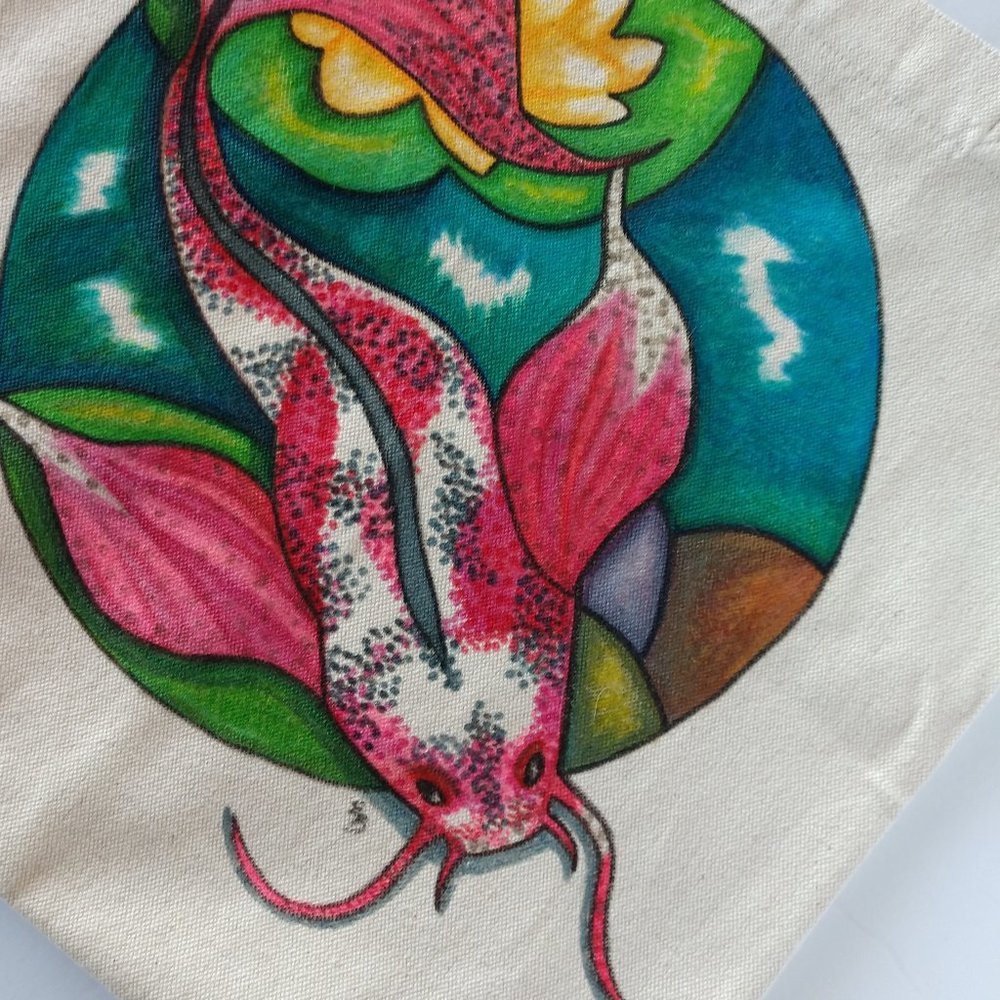 Hand Painted Tote Bag with Pink Koi Fish in Pond 13.5x13.5x3.5 NWT Handmade - Picture 1 of 16